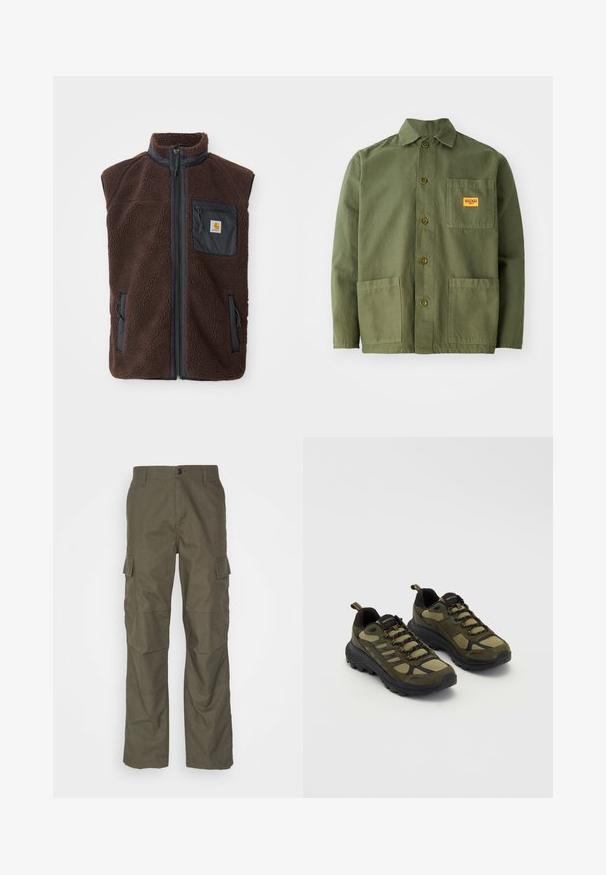 Brun fleece vest med lynlås foran, høj krave og sidelommer. Har en sort brystlomme med logo mærke. Blødt, tekstureret materiale.; Oliven grøn jakke lavet af tung bomuld, med en spids krave, frontknapper og to store påsætningslommer. Inkluderer et lille logo patch.; Olivenfarvede cargo bukser med lige snit, lavet af tekstureret stof. Har store sidelommer og knaplukning.; Grønne og sorte atletiske sko med en struktureret overdel, netpaneler, robust sål og snørebåndsdesign med forstærket tå og hæl.