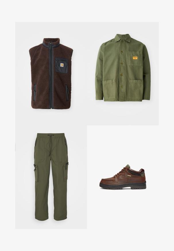 Hnedý fleece vest s predným zipsom, vysokým golierom a bočnými vreckami. Obsahuje čierne priestranné vrecko na hrudi s logom. Mäkký, textúrovaný materiál.; Olivovo zelená bunda vyrobená z hrubej bavlny, s špicatým golierom, prednými gombíkmi a dvoma veľkými našitými vreckami. Obsahuje malú nášivku s logom.; Olive zelené cargo nohavice vyrobené z ľahkej tkaniny, s elastickým pásom, sťahovacou šnúrkou a viacerými zipsovými vreckami.; Hnedá kožená topánka s klasickým dizajnom, ktorá má šnurovanie, zelené akcenty a odolnú čiernu gumenú podrážku. Viditeľná značka GORE-TEX®.