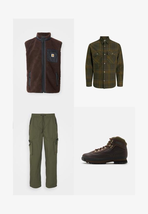 Chaleco de forro polar marrón con cremallera frontal, cuello alto y bolsillos laterales. Presenta un bolsillo en el pecho negro con etiqueta de logo. Material suave y texturizado.; Camisa de cuadros verde oliva, hecha de una tela suave, con dos bolsillos en el pecho, cierre frontal de botones y acentos amarillos contrastantes en el patrón.; Pantalones cargo verde oliva hechos de tela ligera, con una cintura elástica, cierre de cordón y múltiples bolsillos con cremallera.; Bota de senderismo de piel marrón con cuello de tela verde. Presenta ganchos metálicos para los cordones, suela de goma y un diseño texturizado en la suela para mayor tracción.