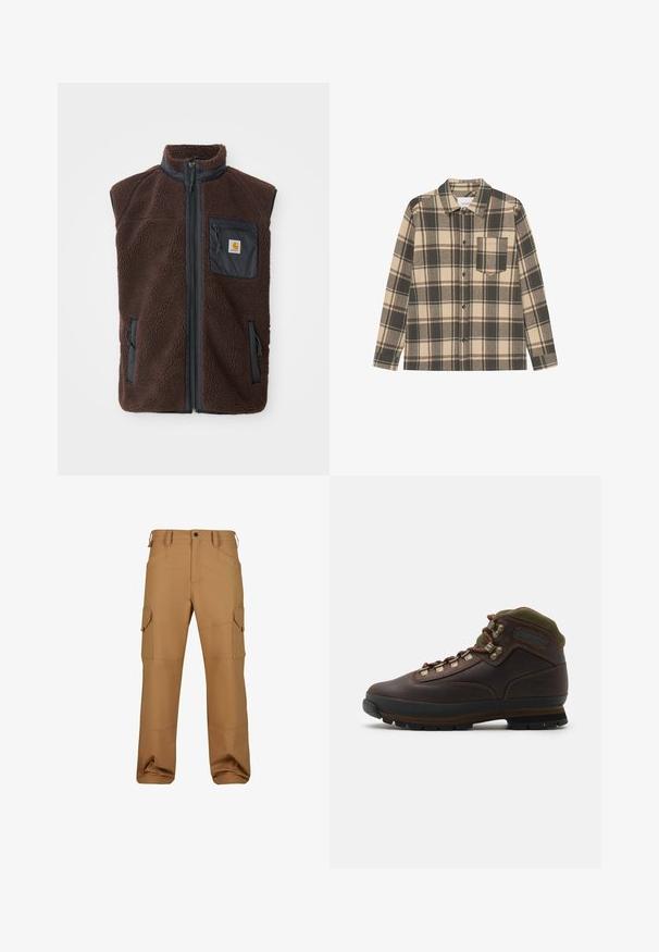 Chaleco de forro polar marrón con cremallera frontal, cuello alto y bolsillos laterales. Presenta un bolsillo en el pecho negro con etiqueta de logo. Material suave y texturizado.; Camisa de cuadros en gris y beige hecha de algodón, con botones en la parte delantera, mangas largas, cuello y un bolsillo en el pecho.; Pantalones cargo marrones fabricados con un tejido duradero, que cuentan con múltiples bolsillos, un corte relajado y detalles de costura reforzada.; Bota de senderismo de piel marrón con cuello de tela verde. Presenta ganchos metálicos para los cordones, suela de goma y un diseño texturizado en la suela para mayor tracción.