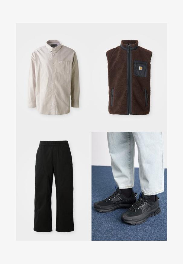 Gilet en polaire marron avec fermeture éclair sur le devant, col haut et poches latérales. Présente une poche poitrine noire avec étiquette logo. Matériau doux et texturé.; Chemise boutonnée beige clair avec des rayures blanches verticales, à manches longues et avec une poche poitrine ; fabriquée en coton avec une texture lisse.; Pantalons en coton noir avec une taille élastique, un design à jambes larges et de grandes poches latérales. Le tissu semble doux avec une texture lisse.; Des chaussures de sport noires avec un tissu texturé et des semelles en caoutchouc, dotées de lacets élastiques et d'un accent bleu au talon. Portées avec un pantalon en denim clair.