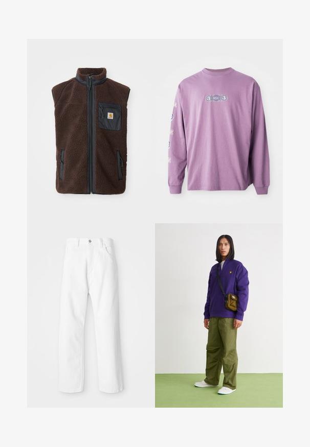 Brun fleece vest med lynlås foran, høj krave og sidelommer. Har en sort brystlomme med logo mærke. Blødt, tekstureret materiale.; Langærmet T-shirt i lyse lilla stof med et centralt grafisk design med "3 ONE 3" og dekorative detaljer på ærmerne.; Hvide denimbukser med lige ben-design, der har en frontknap og lynlås lukning, fem lommer og en ren, tekstureret overflade.; Jordan AIR JORDAN 1 ZM CMFT 2 - Sneakers high - summit white/bicoastal/oxidized green