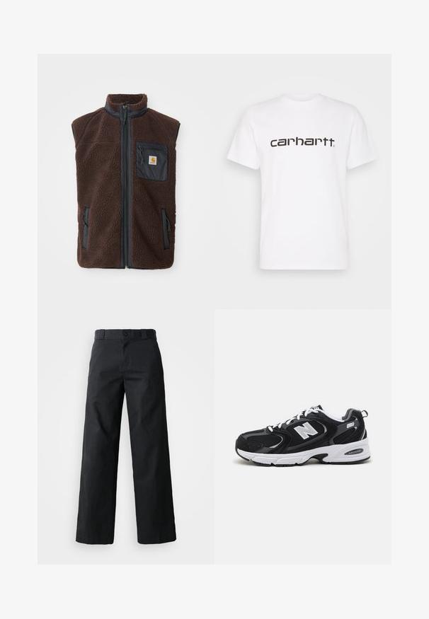 Chaleco de forro polar marrón con cremallera frontal, cuello alto y bolsillos laterales. Presenta un bolsillo en el pecho negro con etiqueta de logo. Material suave y texturizado.; Camiseta de algodón blanca con mangas cortas y escote redondo. Presenta un gran logo de "carhartt" en marrón oscuro en el pecho.; Pantalones de pierna ancha negros hechos de algodón. Cuenta con cierre de botón, lazos para cinturón y bolsillos laterales. Textura suave con un corte ajustado.; Zapatillas deportivas en negro y gris con parte superior de malla y ante, que cuentan con una entresuela blanca, cordones y un llamativo logo "N" en el lateral.