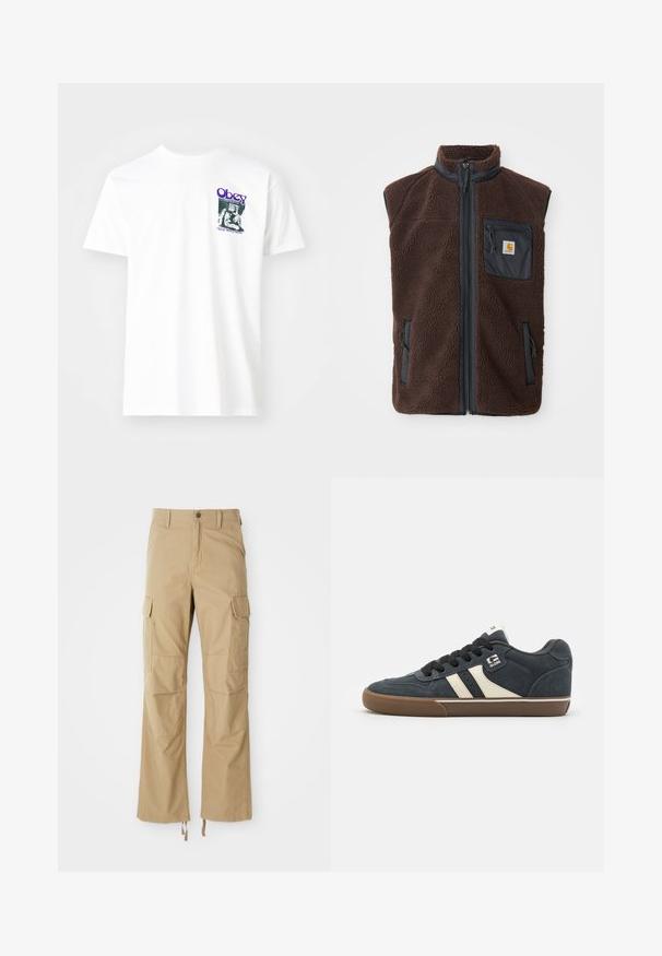 Bruine fleece vest met rits aan de voorkant, hoge kraag en zijzakken. Voorzien van een zwarte borstzak met logo-label. Zacht, gestructureerd materiaal.; Witte katoenen t-shirt met een grafische print in paars, die een zittende figuur toont met de tekst "Obey" en "Stop Worry Now!" in zwart.; Khaki cargobroek gemaakt van duurzaam materiaal, met meerdere zijzakken, een rechte pijpdesign en verstelbare koorden aan de zoom.; Donkerblauwe suède sneaker met crèmekleurige stripes, zwarte veters en een bruine rubberen zool. Heeft een gevoerde kraag en een logo op de zijkant.