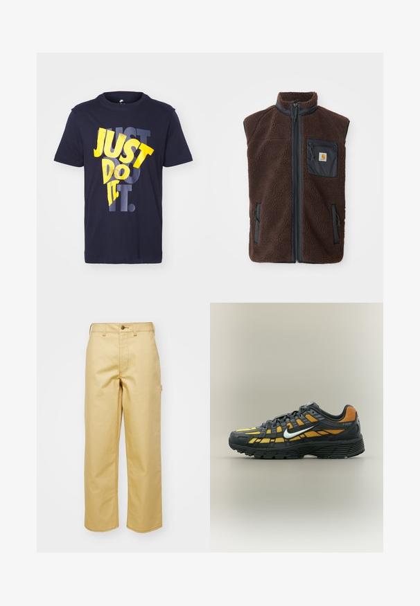Chaleco de forro polar marrón con cremallera frontal, cuello alto y bolsillos laterales. Presenta un bolsillo en el pecho negro con etiqueta de logo. Material suave y texturizado.; Camiseta de algodón azul marino con la frase "JUST DO IT." en tipografía amarilla y gris en negrita. Diseño clásico de cuello redondo, con mangas cortas.; Pantalones de algodón beige de pierna ancha con un cierre frontal de botón, lazos para cinturón y bolsillos laterales. Textura suave con detalles de costura visibles.; Zapatilla Nike P-6000 en negro y amarillo con el logo Swoosh blanco, suela negra y parte superior de malla, mostrada de perfil sobre un fondo liso.