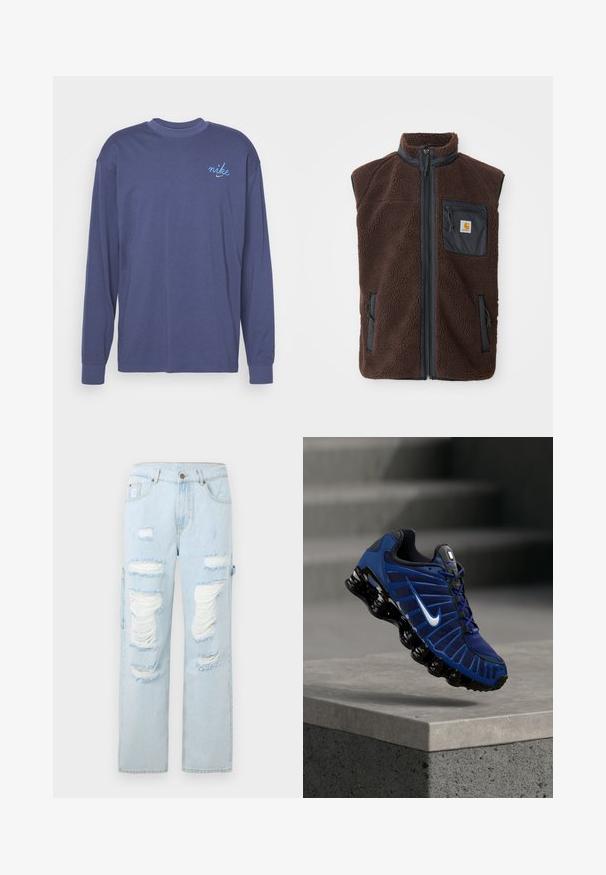 Hnedý fleece vest s predným zipsom, vysokým golierom a bočnými vreckami. Obsahuje čierne priestranné vrecko na hrudi s logom. Mäkký, textúrovaný materiál.; Dlhý rukáv, tmavomodré tričko s dlhým rukávom vyrobené z bavlny, s malým modrým vyšitým logom "nike" na ľavej hrudi. Okrouhly výstrih a ribbované manžety.; Svetlo modré džínsy s viacerými veľkými roztrhnutiami a strapcami na predných stehnách a kolenách, strih rovného nohavice.; Modro-čierna bežecká obuv Nike s bielym logom Swoosh, vznášajúca sa nad betónovým okrajom s textúrovanými schodmi v rozmazanom pozadí.
