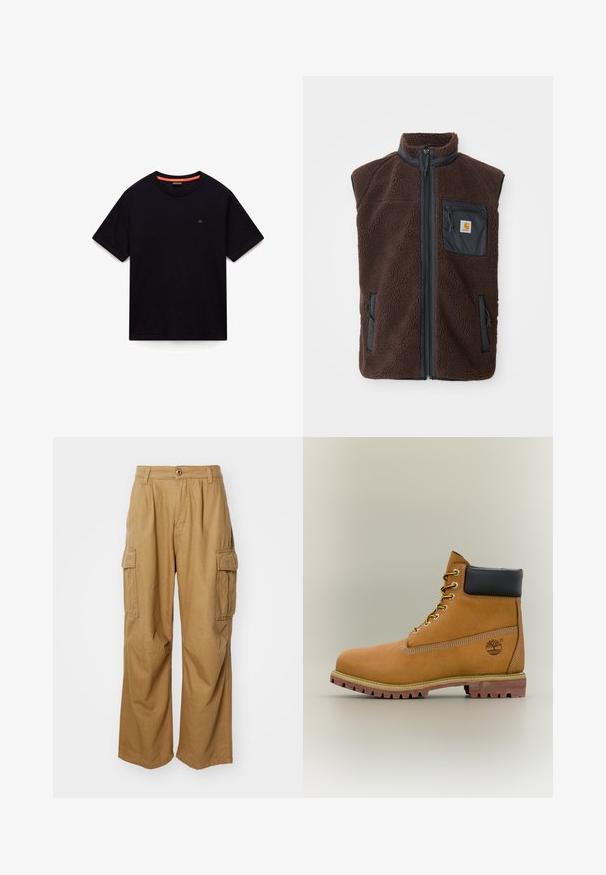 Brun fleece vest med lynlås foran, høj krave og sidelommer. Har en sort brystlomme med logo mærke. Blødt, tekstureret materiale.; Sort kortærmet T-shirt med rund hals, lille logo på brystet og orange detalje i den indvendige krave, lagt fladt på en hvid baggrund.; Tan cargo bukser med lige ben design, der har to sidelommer og knaplukning. Fremstillet af et blødt, holdbart stof.; Brun læderankelstøvle med sort krave, gule snørebånd og tanfarvet sål. Har logo og hvide syninger som detalje. Robust ydersål med greb.