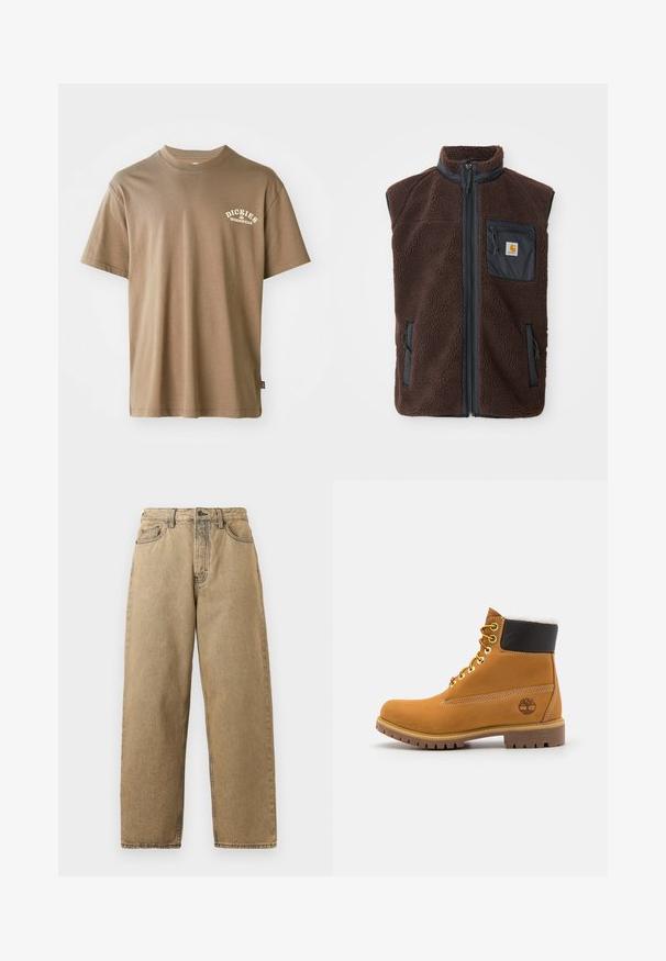 Hnedý fleece vest s predným zipsom, vysokým golierom a bočnými vreckami. Obsahuje čierne priestranné vrecko na hrudi s logom. Mäkký, textúrovaný materiál.; Hnedé bavlnené tričko s okrúhlym výstrihom, krátkymi rukávmi a bielym logom s nápisom "Dickies Workwear" na oblasti ľavej hrude.; Džíny zo svetlej denimovej tkaniny so strihaním rovného nohavice, s predným zipsom, pútkami na opasok a kontrastným šitím. Nemajú žiadne výrazné vzory ani hardvérové detaily.; Hnedé kožené ankle boot s kovovými očkami, bielym kožúškom vo vnútri, čiernym vypolstrovaným golierom, robustnou podrážkou a vyrazeným logom na boku.