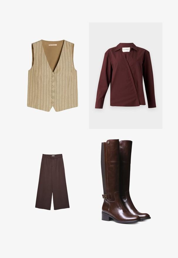 Beige ærmeløs vest med lodrette tynde hvide striber, knapper foran og V-hals.; CLOSED ASYMMETRIC SHIRT - Skjortebluser - dark raisin red; Brune vidde bukser lavet af blødt stof, med plisseringer i taljen og stiklommer. Skræddersyet silhuet med en komfortabel pasform.; Brune læderknæhøje støvler med glat finish, kontrasterende stofpanel, ankelspænde detalje og lav blokhæl.