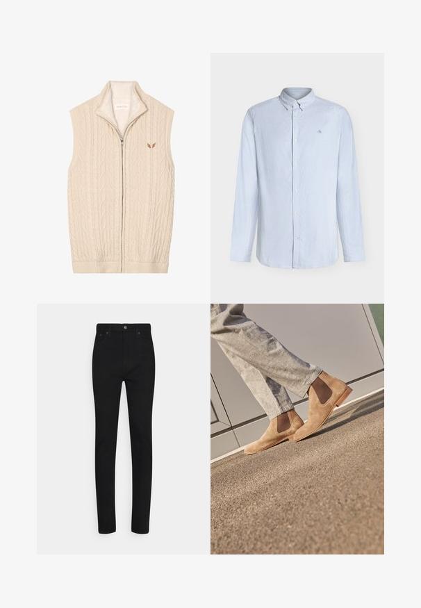 Beige strikket vest med kabelmønster, høj krave og fuld lynlås. Har en blød, fleeceforing og diskret logo på brystet.; Lyseblå og hvide langærmet skjorte med knapper, knap-på-krave og lille broderet logo på brystet.; Sorte denim skinny jeans med høj talje, der har en frontknaplukning og fem lommer. Glat tekstur og skræddersyet pasform.; Brune ruskind Chelsea støvler med elastiske sidepaneler og en glat tan gummisål, parret med lyse grå bukser på en tekstureret overflade.