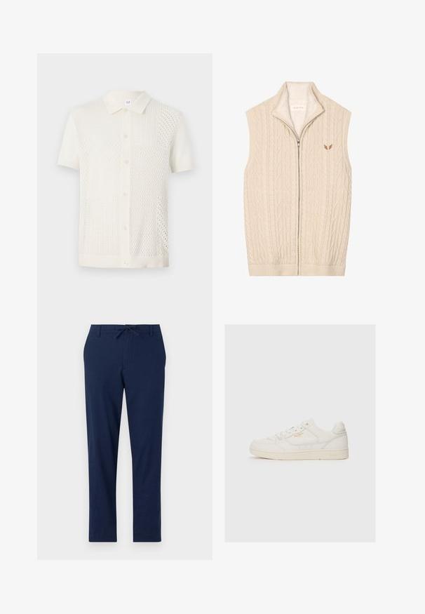 Beige strikket vest med kabelmønster, høj krave og fuld lynlås. Har en blød, fleeceforing og diskret logo på brystet.; Kortærmet, kremfarvet strikket polo shirt med et tekstureret, mønstrede design, knaplukning og en klassisk krave.; Marineblå bukser lavet af et let materiale med elastisk talje og tætsiddende ben, der har for- og baglommer.; Hvide lædersneakers med en glat overflade, der har perforerede detaljer, snørebånd fortil og et diskret logo i guld nær siden.