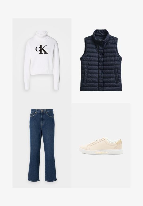 Marineblå, puffy vest uden ærmer med tragtkrave, knaplukning, to sidelommer og quiltet tekstur. Har diskret branding på brystet.; Hvid turtleneck sweater lavet af strikket stof. Har et cropped design, ribbede manchetter og kant, med et sort "CK" logo foran.; Mørkeblå, udvidede denim jeans med en veldefineret talje, forlommer og hardware i guldfarve. Glat tekstur med syningsdetaljer.; Beige sneakers med en glat læderoverdel, hvid gummi sål og guld aksent nær hælen. Har snørebånd og subtile syninger.