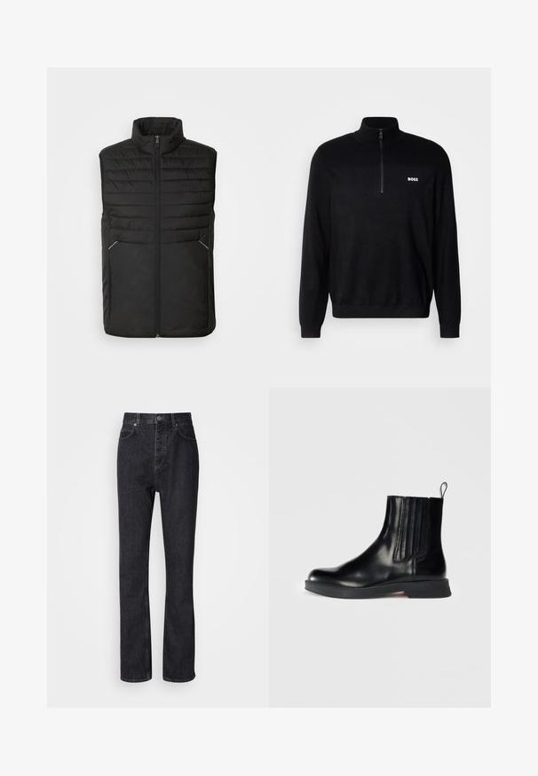 Gilet matelassé noir avec un col haut, zip frontal, deux poches latérales, design matelassé et texture lisse. Accents argentés notables sur les poches.; Pull-over noir avec un col zippé à mi-longueur, présentant une texture côtelée aux épaules et un petit logo blanc "BOSS" sur la poitrine.; Jean en denim noir taille haute avec fermeture à bouton et à glissière, poches avant et arrière, et coupe droite.; Botte en cuir noir mi-mollet avec des panneaux élastiques sur les côtés, bout rond, petit talon bloc et languette. Présente une texture lisse et un design épuré.