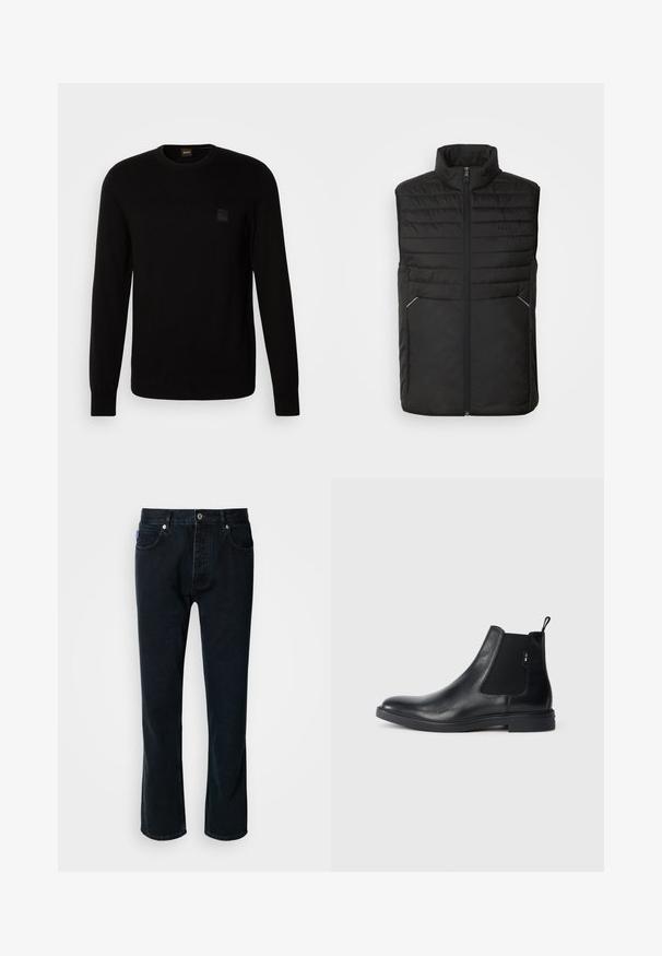 Gilet matelassé noir avec un col haut, zip frontal, deux poches latérales, design matelassé et texture lisse. Accents argentés notables sur les poches.; Pull en maille noir à manches longues, col rond, avec un petit patch en relief sur la poitrine. Texture lisse sur l'ensemble.; HUGO JONAH - Jean droit - dark blue; Bottines Chelsea en cuir noir avec des panneaux élastiques sur les côtés, une languette arrière et une semelle en caoutchouc plate. Texture lisse avec un minimum de détails.