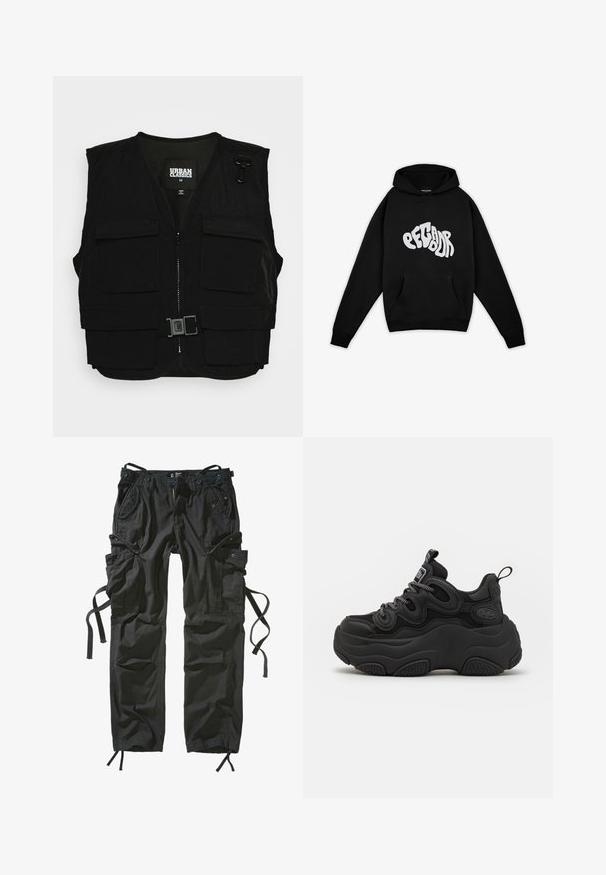 Čierna vesta s predným zipsom, sieťovou podšívkou a viacerými prednými vreckami. Obsahuje kovové klipy a detail na pracku. Veľkosť stredná.; Pegador PALUMA OVERSIZED HOODIE - Mikina - black; Čierne cargo nohavice vyrobené z ľahkého materiálu, s viacerými vreckami, bočnými šnúrkami a uvoľneným strihom s vystuženým zošitím.; Čierne tenisky s masívnym dizajnom, obsahujúce textúrovaný zvršok, sieťovinové panely a hrubú gumovú podrážku. Viditeľné reflexné šnúrky a detaily značky.