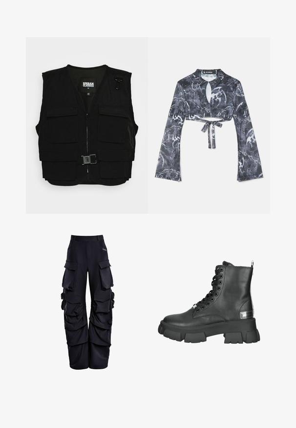 Sort vest med lynlås fortil, mesh-foring og flere frontlommer. Inkluderer metalclips og en spænde detalje. Størrelse medium.; Crop-top med lange ærmer i et mørkegrå, sort og hvidt abstrakt mønster, der har en nøglehul-udskæring foran og en snøre detalje ved livet.; Sorte cargo bukser lavet af struktureret stof, med flere store lommer, en afslappet pasform og fornæbbede detaljer langs siderne.; Sorte læder ankelstøvler med en kraftig platformssål, rund tå og snøring foran med metaløjer samt en bageste løftestrop.