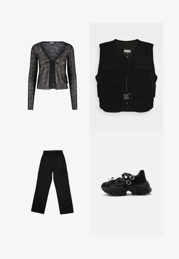 Sort vest med lynlås fortil, mesh-foring og flere frontlommer. Inkluderer metalclips og en spænde detalje. Størrelse medium.; Sort transparent cardigan med lange ærmer, dyb V-hals, bindebåndslukning og et gennemgående "Karl Kani" logo mønster.; Sort cargobukser lavet af denim, med høj talje, snoretræk, brede ben og flere sidelommer til praktisk brug.; Sort chunky sneaker med tyk sål, to justerbare stropper med sølvspænder og snøredetalje foran.