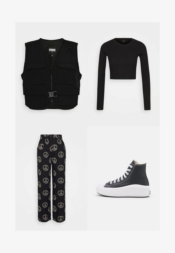 Schwarze Weste mit einem Reißverschluss vorne, Netzfutter und mehreren Fronttaschen. Enthält Metallclip-Beschläge und ein Schnallen-Detail. Größe mittel.; Monki Langarmshirt - black dark; Schwarze, weit geschnittene Hose mit beigen Frieden-Zeichen-Mustern, die über einen Knopfverschluss und ein gefälteltes Vorderdesign verfügt. Glatte Stoffstruktur.; Schwarzer High-Top Sneaker mit weißen Schnürsenkeln und Gummisohle. Verfügt über eine glatte Ledertextur und weiße Nähte als Akzente.