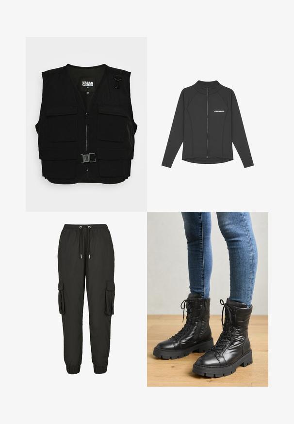 Sort vest med lynlås fortil, mesh-foring og flere frontlommer. Inkluderer metalclips og en spænde detalje. Størrelse medium.; Sort langærmet zip-up jakke lavet af glat, strækbart materiale. Har en høj krave og 'PEGADOR' logo på venstre bryst.; Sorte cargo bukser lavet af let materiale, med elastisk talje, justerbar snor, sidelommer og ribbede manchetter.; Sorte combat støvler til midten af læggen lavet af glat læder med snørering, polstrede sider og en tyk, robust sål. Designet med en struktureret form.