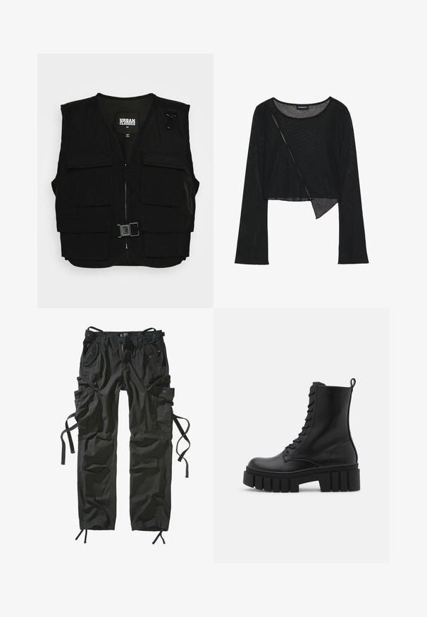 Schwarze Weste mit einem Reißverschluss vorne, Netzfutter und mehreren Fronttaschen. Enthält Metallclip-Beschläge und ein Schnallen-Detail. Größe mittel.; Schwarzes langärmliges Crop-Top aus leichtem, durchsichtigem Stoff. Mit Rundhalsausschnitt und asymmetrischem Saum mit leichter Textur.; Schwarze Cargo-Hosen aus leichtem Material, mit mehreren Taschen, Kordelzug seitlich und einem entspannten Schnitt mit verstärkten Nähten.; Schwarze Lederknöchelstiefel mit klobiger, gerippter Sohle, Schnürung vorne und Zuglasche auf glattem weißen Hintergrund.