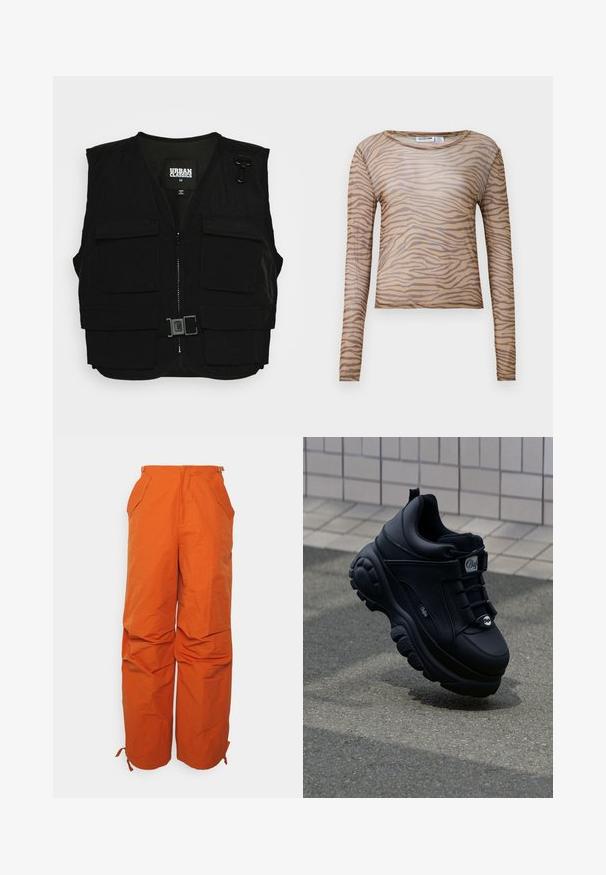 Gilet noir avec zip sur le devant, doublure en mesh et plusieurs poches avant. Comprend du matériel en métal et un détail de boucle. Taille moyenne.; T-shirt beige transparent à manches longues, ajusté, avec des rayures zèbres marron foncé et un col rond.; WRSTBHVR ZERA PANTS EXCLUSIVE WOMEN - Pantalon classique - brown; Baskets noires épaisses avec une finition en cuir lisse, des lacets à l'avant, une semelle rembourrée et un logo en relief sur le côté. Semelle extérieure texturée visible.