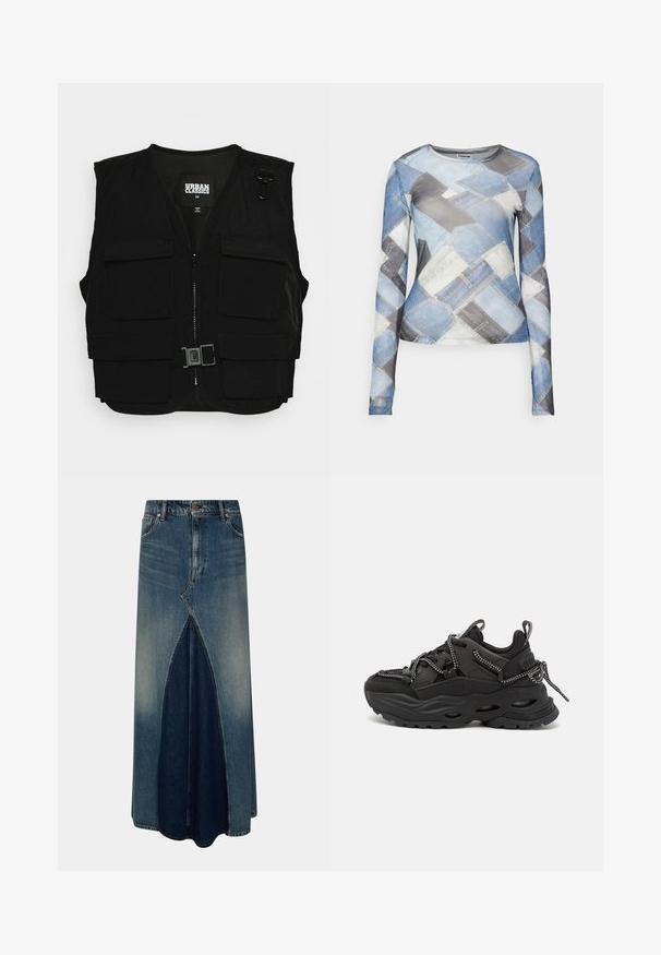 Must mustri, millel on lukuga eesmine osa, võrgusilma vooder ja mitu eesmist taskut. Includeerib metallklambri riistvara ja pandla detaili. Suurus keskmine.; Noisy May NMMISSY JUDITH - Pikkade varrukatega topp - medium blue denim; Sinine denim maxi-seelik esi inversse pleatsiga, vöökohtadega, nupuga ja tõmblukuga kinnitamine ning pleekinud pesu detailidega.; Mustad musta värvi spordijalats, mille pealmine osa on tekstuuriga kangast, paks kummikute pahtel ja kontrastsete paeltega detailid. Omab tugevdatud kontsa ja brändingu elemente.