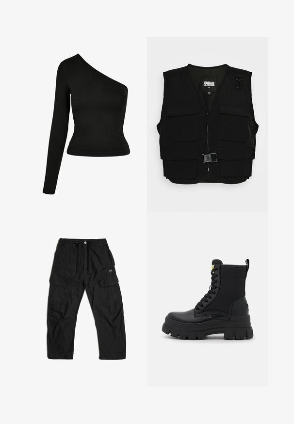 Gilet noir avec zip sur le devant, doublure en mesh et plusieurs poches avant. Comprend du matériel en métal et un détail de boucle. Taille moyenne.; Haut à manches longues noir avec un col asymétrique. Fabriqué en tissu lisse, design ajusté et ourlet arrondi. Pas de motifs ni d'ornements.; Pantalons cargo noirs en tissu, dotés d'une taille élastique avec cordon de serrage, de multiples poches latérales et d'une coupe décontractée.; Bottes montantes noires en cuir et tissu, avec une semelle en caoutchouc épaisse, un devant à lacets et une étiquette jaune au niveau du col.