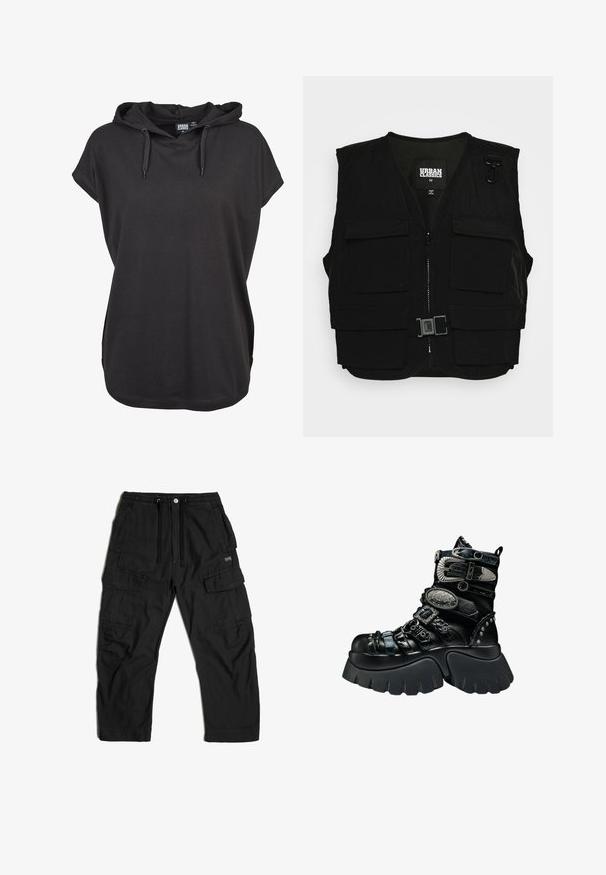 Schwarze Weste mit einem Reißverschluss vorne, Netzfutter und mehreren Fronttaschen. Enthält Metallclip-Beschläge und ein Schnallen-Detail. Größe mittel.; Schwarzes Kapuzenshirt mit kurzen Ärmeln, aus weichem Stoff gefertigt. Verfügt über verstellbare Kordeln und eine lockere Passform. Einfaches Design, ohne Muster.; Schwarze Cargo-Hosen aus Stoff, mit einem elastischen Bund und einem Kordelzug, mehreren seitlichen Taschen und einem lässigen Schnitt.; Schwarzer Plateau-Stiefel mit dicker Sohle, mehreren strukturierten Riemen, silbernen Schnallen, dekorativen Metallelementen und genieteten Details.