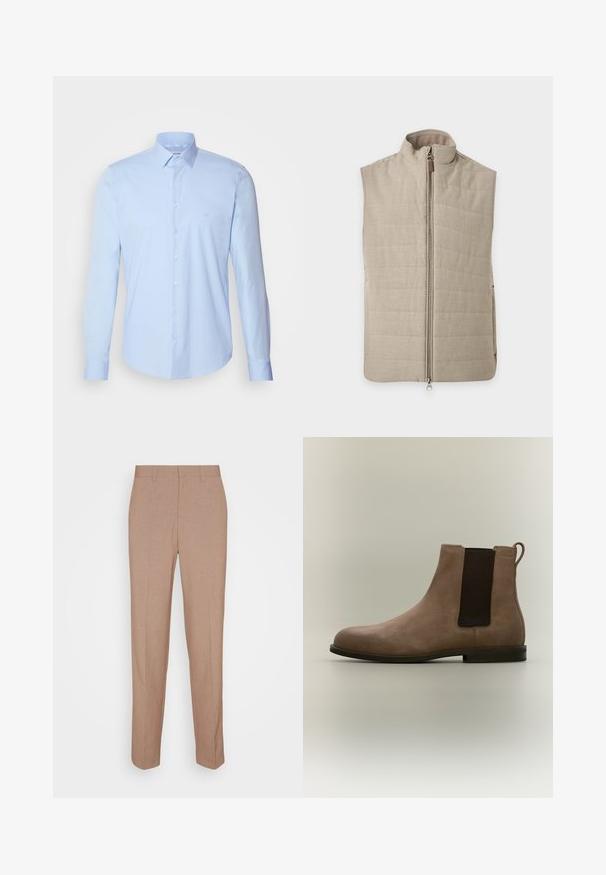 Veste matelassée beige sans manches avec col montant et fermeture éclair intégrale sur un fond clair uni.; Chemise boutonnée bleu clair en coton, avec un col classique, des manches longues et un petit logo sur la poitrine. Texture lisse.; Pantalon beige sur mesure en tissu lisse et texturé. Coupe droite avec une taille à la taille et sans ornements visibles ni poches.; Botte Chelsea en daim marron clair avec panneau latéral élastique noir et semelle basse foncée sur fond neutre.