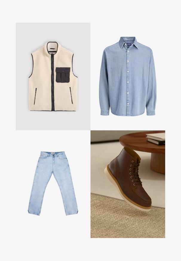 Gilet en polaire crème avec une fermeture éclair noire, des poches latérales et une poche avant avec un détail de bouton. Des bordures contrastées sont visibles.; Chemise en denim bleu clair à manches longues avec col et boutons blancs, présentée sur un fond blanc uni.; Jean en denim bleu clair avec une coupe droite, comprenant cinq poches, une fermeture à bouton et un léger effet délavé. Pas de motifs ni de logos visibles.; Bottine en cuir marron avec semelle beige sur un tapis beige texturé à côté d'une table ronde en bois avec des livres empilés.