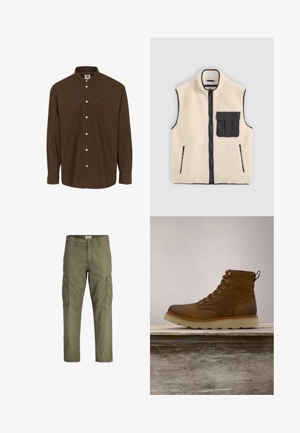 Creme fleece vest med sort lynlås, sidelommer og en frontlomme med knapdetalje. Kontrastkant er synlig.; Brunstribet skjorte med knaplukning, krave, lange ærmer og en brystlomme; har hvide knapper og et tekstureret stof.; Olivenfarvede cargo-bukser lavet af bomuldsstof, med sidelommer, lige pasform og en talje med knaplukning.; Brune vandtætte ankelstøvler lavet af tekstureret læder, med gyldne øjer, en rund tå og en let, tekstureret gummisål.