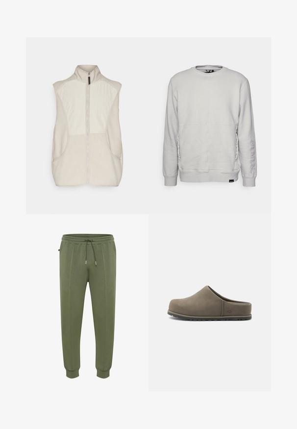 Mouwloos, ritsvest gemaakt van lichtbeige fleece met gestructureerde panelen. Voorzien van zijzakken en een hoge kraag voor extra warmte.; Nemen Sweater - ultra light grey; Joggingbroeken in olijfgroen gemaakt van zachte stof, voorzien van een taille met trekkoord, zijzakken en geribbelde boorden voor een goede pasvorm.; Bruine suède instapklomp met gesloten neus, gewatteerde zool en lage achterkant, ontworpen voor casual gebruik binnen en buiten.