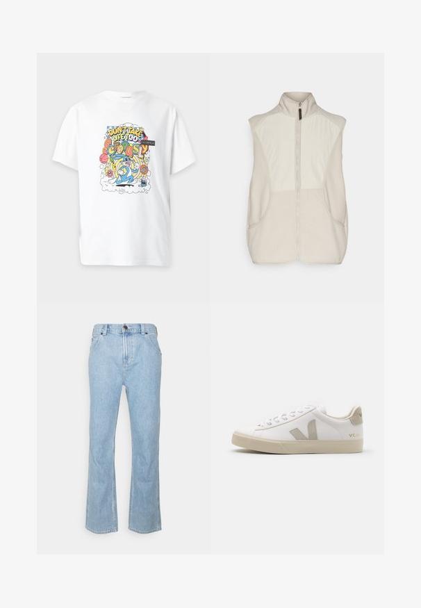 Gilet sans manches zippé en polaire beige clair avec des panneaux texturés. Comprend des poches latérales et un col haut pour plus de chaleur.; T-shirt blanc avec un design cartoon coloré montrant Bugs Bunny et le texte « Don’t take life too seriously » entouré d’objets ludiques.; Jean en denim bleu clair avec une coupe droite, conception à cinq poches et fermeture à bouton à la taille. Présente des détails cousus.; Baskets en cuir blanc avec des accents beiges, semelle plate en caoutchouc, bout rond et logo contrastant sur le côté et à l'arrière. Design à lacets.
