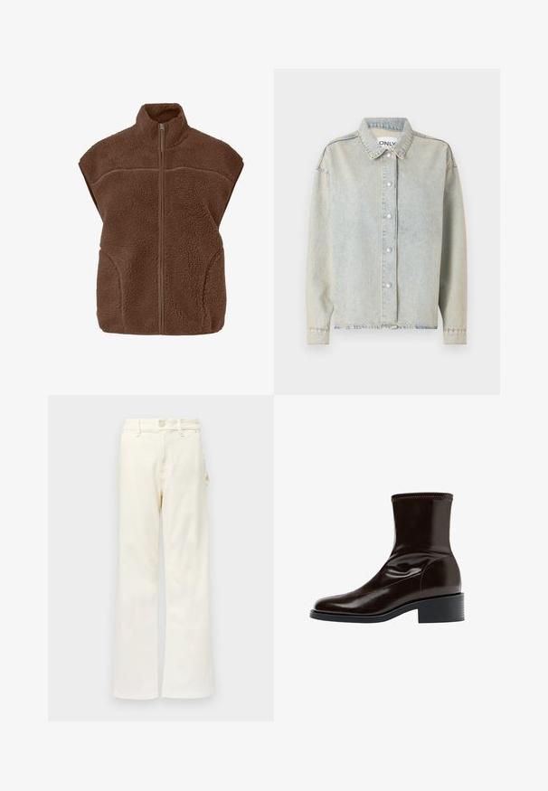 Brun fleecevest uden ærmer med høj krave og lynlås foran.; Lyseblå denimjakke med krave, frontknapper med trykknap, lange ærmer og en afslappet pasform med synlige sømdetaljer.; Good American GOOD 90S CARPENTER - Wide leg - white denim; Mørkebrun læderankelstøvle med firkantet tå, lav blokhæle og stikning langs øverste kant, vist i sideprofil.