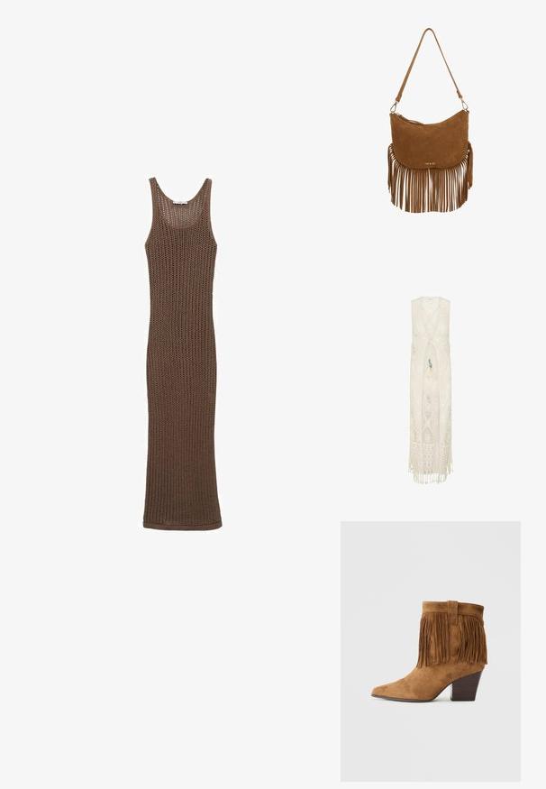 Vestido de crochet sin mangas de color crema, con escote en V, anudado al frente con cuentas y borde con flecos.; Vestido sin mangas de punto de ganchillo marrón con una silueta ajustada, que presenta una textura de tejido abierto y un escote redondo.; Botín de ante marrón hasta el tobillo con punta afilada, detalle de flecos en el cuello y tacón de madera apilada. Textura suave en toda su superficie.; Bolso de hombro de ante marrón con un detalle de flecos en la parte inferior, forma curva, logo dorado en el frente y una correa ajustable.