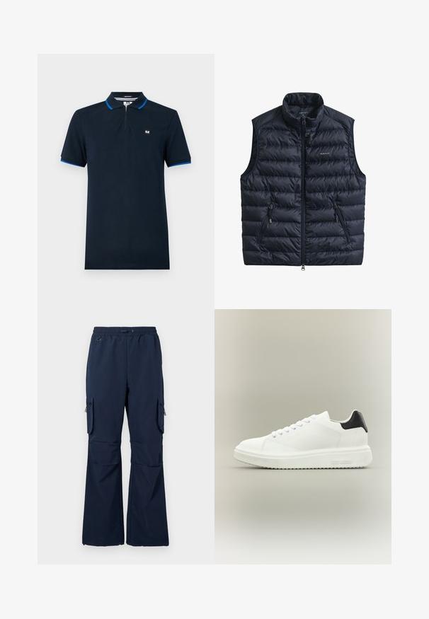 Marineblå polstret vest med høj krave, lynlås foran og to lynlåslommer i siderne. Fremstillet af let stof med quiltet tekstur.; Mørkeblå polo-shirt lavet af glat stof, med en lynlåskrave, korte ærmer med blå detaljer og et lille logo på brystet.; Marine cargo bukser lavet af letvægtsstof med snoretræk i taljen, to sidelommer og lynlås cargo lommer på begge ben.; Hvid lav sneakers med tyk sål, snørelukning foran og sort hælstrop, mærket med "Steve Madden" på siden af sålen.