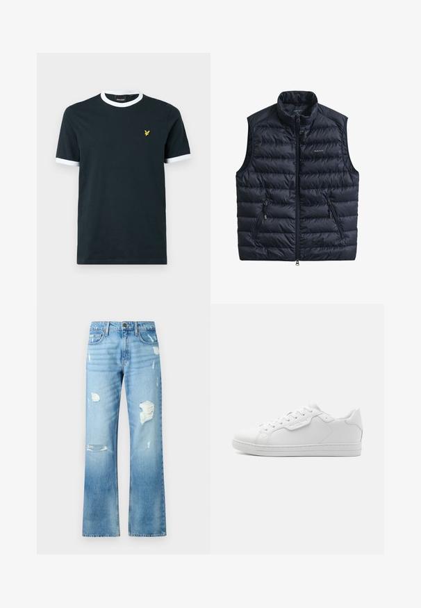 Veste matelassée bleu marine avec col montant, fermeture éclair frontale et deux poches latérales zippées. Conçue en tissu léger avec une texture matelassée.; T-shirt en coton bleu marine avec col et bords de manches en rigide blanc. Présente un petit logo brodé jaune sur la poitrine gauche.; Jean en denim bleu clair avec une coupe droite, présentant des détails déchirés et une finition délavée. Comprend un bouton en métal et cinq poches.; Baskets en cuir blanc avec un bout arrondi, six œillets, lacets plats et un design minimaliste. Présente un petit logo sur le côté.