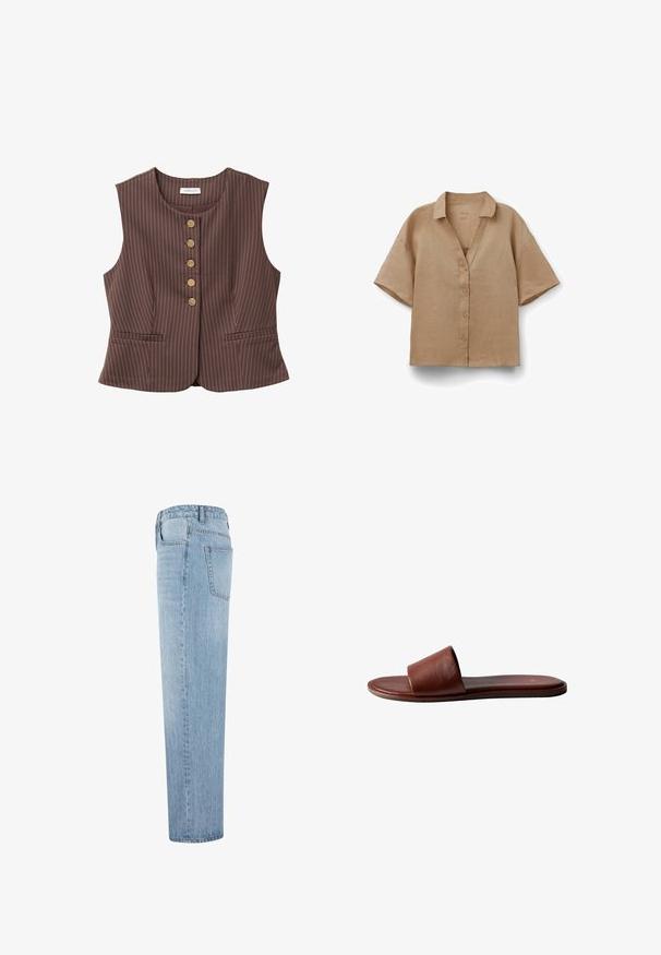 Brun stribet vest med rund halsudskæring, fem gyldne knapper og to forlommer. Fremstillet af et glat stof med en skræddersyet pasform.; Beige kortærmet linned skjorte med krave og løs pasform, vist på hvid baggrund.; Lysblå straight-leg denim jeans med høj talje og synlig baglomme, vist fra siden mod en hvid baggrund.; Brun læder slide sandal med flad sål og bred rem over tæerne, vist fra siden på en hvid baggrund.