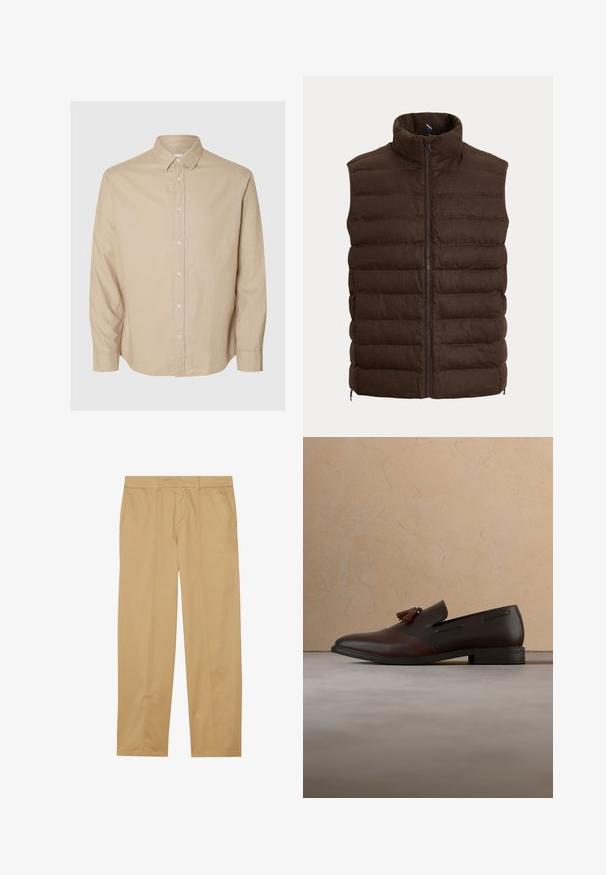 Hnedá prešívaná vesta bez rukávov s vysokým golierom a centrálnym zipsom, s jemne vyšitým logom na hrudi.; Selected Flannel - Košeľa - pure cashmeredetail:mixed w. oatmeal; Khaki nohavice vyrobené z hladkej tkaniny, s rovnými nohavicami, dvoma prednými vreckami a čistými, minimalistickými detailmi šitia.; Tmavohnedý kožený mokasín s strapcami vznášajúci sa nad béžovým tkaným kobercom, v pozadí okrúhly drevený stôl a naskladané knihy.