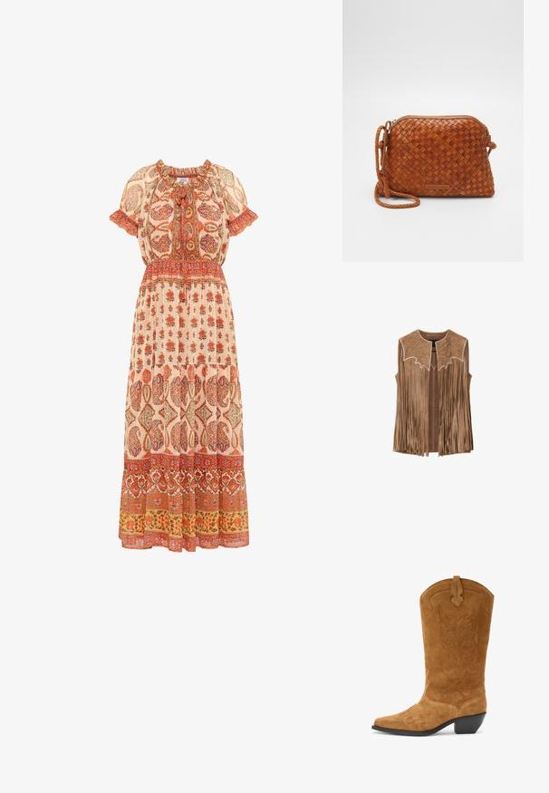 Bruine suède mouwloze vest met lange franjes en ster-gegraveerd bloemmotief langs het juk, open voorkant ontwerp.; Maxi jurk van lichte stof met een bloemenprint in rood en oranje tinten, voorzien van een geraffineerde halslijn, korte mouwen en een gelaagde zoom.; Bruine suède cowboylaars met een spitse neus, gebogen bovenrand, decoratieve stiksels en een lage gestapelde hak. Geweven oppervlak heeft bloemenpatronen.; Bruine geweven leren schoudertas met een ritsluiting, ronde vorm en een gevlochten schouderband. Voorzien van een klein, rechthoekig logoplaatje.