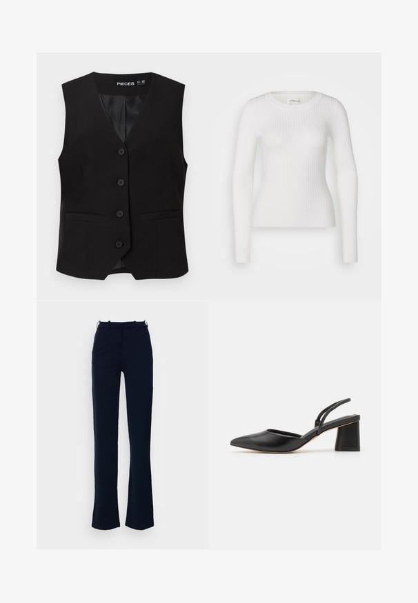 Zwarte mouwloze button-down vest met V-halskraag, twee voorzakken met bies en een gladde binnenvoering, met het label "PIECES".; Witte lange mouwen geribbelde top met een ronde hals. De stof is soepel, met een subtiele textuur en een aansluitend ontwerp. Geen zichtbare hardware of patronen.; Marineblauwe broek met een rechte pijpdesign, gemaakt van een gladde stof, voorzien van ri loopjes en een ritssluiting aan de voorkant.; Zwarte leren slingback schoen met een spits toelopende neus, lage blokhak en minimalistisch ontwerp met dunne bandjes en gladde textuur.