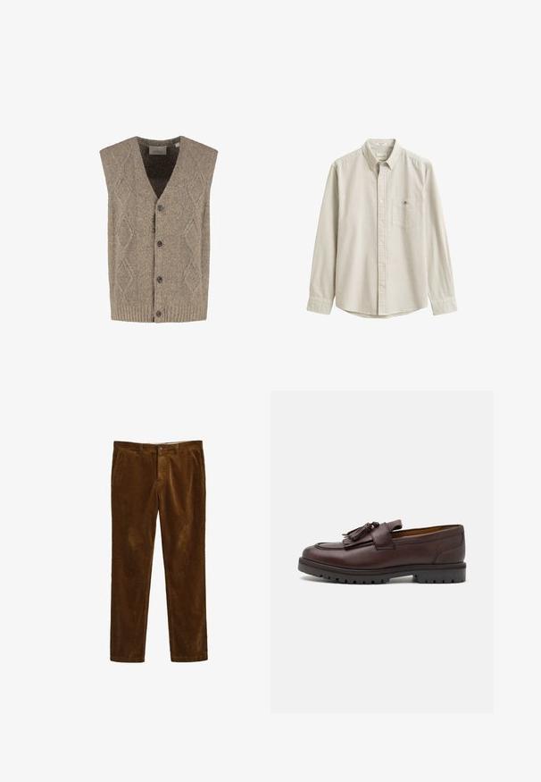 Gilet sans manches marron tricoté à boutons avec motif en losanges et ourlet côtelé, taille large, de la marque DSTREZZED.; Chemise beige et blanche à rayures verticales, à manches longues, boutonnée, avec col et poche poitrine, présentée à plat sans personne.; Pantalons en velours côtelé marron avec une coupe droite, dotés d'une fermeture à bouton à l'avant et de deux poches latérales. Tissu texturé avec un motif à côtes.; Zign Mocassins de ville - brown