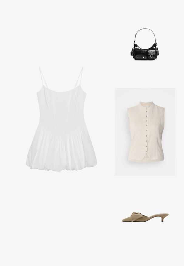 Veste sans manches en lin beige avec col officier, fermeture boutonnée devant avec huit boutons et ourlet avant en forme de V légèrement marqué au centre.; Mini-robe blanche sans manches avec fines bretelles réglables et ourlet de jupe froncé et bouffant.; Mule beige à bout pointu avec petit talon kitten et grand nœud doux sur le dessus, conçue pour la mode féminine.; Sac à main en cuir verni noir avec une forme incurvée, une bandoulière, des poches avant et des accents en métal argenté.