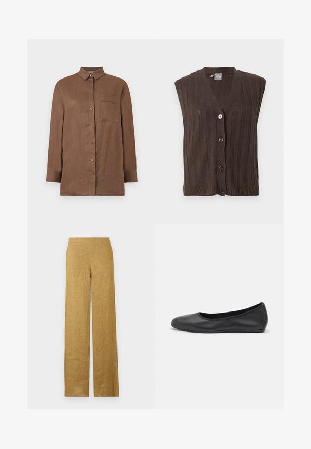 Gilet sans manches marron foncé en tricot avec côtes verticales et quatre boutons devant, avec un col en V et une petite étiquette de marque à l’intérieur du col.; Chemise marron à manches longues avec boutons, col et une poche poitrine unique, en tissu texturé.; Pantalon taille haute à jambes larges en lin marron clair, avec un devant lisse et un design minimaliste.; Ballerines en cuir noir avec un bout rond, texture lisse, détails de couture minimalistes et design de semelle flexible.