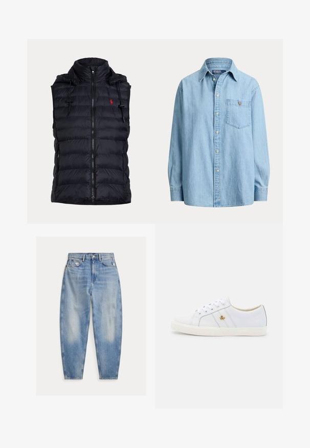 Musta tikattu hihaton toppaliivi vetoketjulla edessä, kiristysnauhalla varustettu huppu, sivutaskut vetoketjulla ja pieni punainen kirjailtu logo rinnassa.; Vaaleansininen pitkähihaisen denim-paita, jossa napillinen edusta ja rintatasku, jonka päällä pieni kirjailtu logo.; Vaaleansiniset korkeavyötäröiset farkut, joissa pieni haalistuminen ja kulumaa etutaskujen läheisyydessä, viiden taskun malli ja kapeat lahkeet.; Lauren Ralph Lauren JANSON II ACTION LEATHER SNEAKER - Matalavartiset tennarit - real white