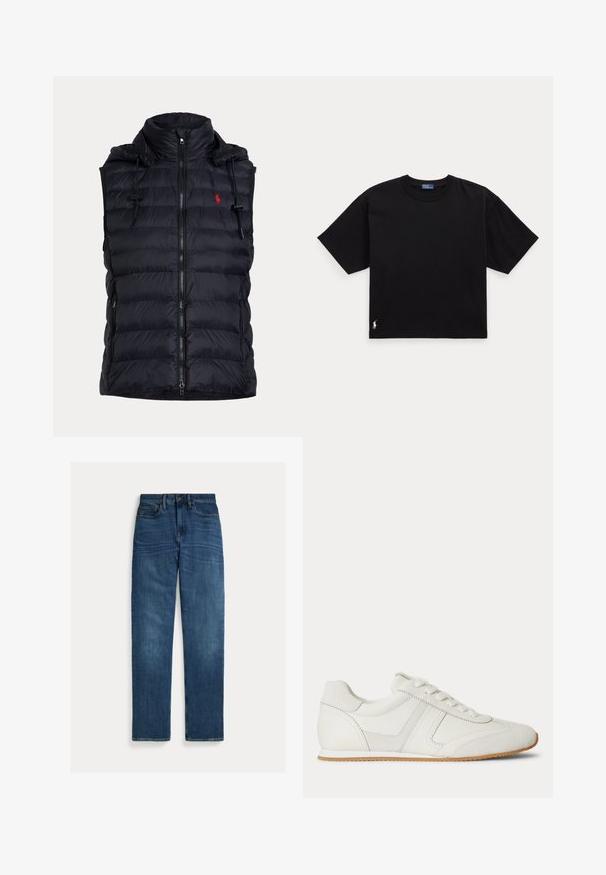 Sort quiltet vest uden ærmer med lynlås foran, snøretræk i hætten, sidelommer med lynlås og lille rødt broderet logo på brystet.; Sort T-shirt med korte ærmer, rund hals og afslappet pasform med lille hvidt broderet logo nær nederste kant på ensfarvet baggrund.; Straight-leg blå denim jeans med fem lommer, knaplukning og subtil falmning på lår og knæ, lagt fladt på hvid baggrund.; Hvid lavtop sneaker med snørelukning foran, ruskind- og læderpaneler og en lysebrun gummisål på en hvid baggrund.