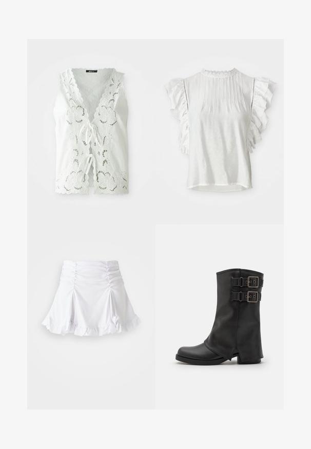 Blouse sans manches blanche avec des découpes en dentelle florale, des bords festonnés et deux liens à l'avant, sur un fond uni.; Blouse blanche à manches courtes avec des plis, des épaules froufroutantes et un col montant bordé de dentelle. Tissu doux avec une texture lisse.; Jupe blanche en tissu texturé avec des détails froncés et un ourlet volanté. Présente un design évasé avec une taille ajustée.; Even&Odd by Zalando Bottes de cowboy / motard - black