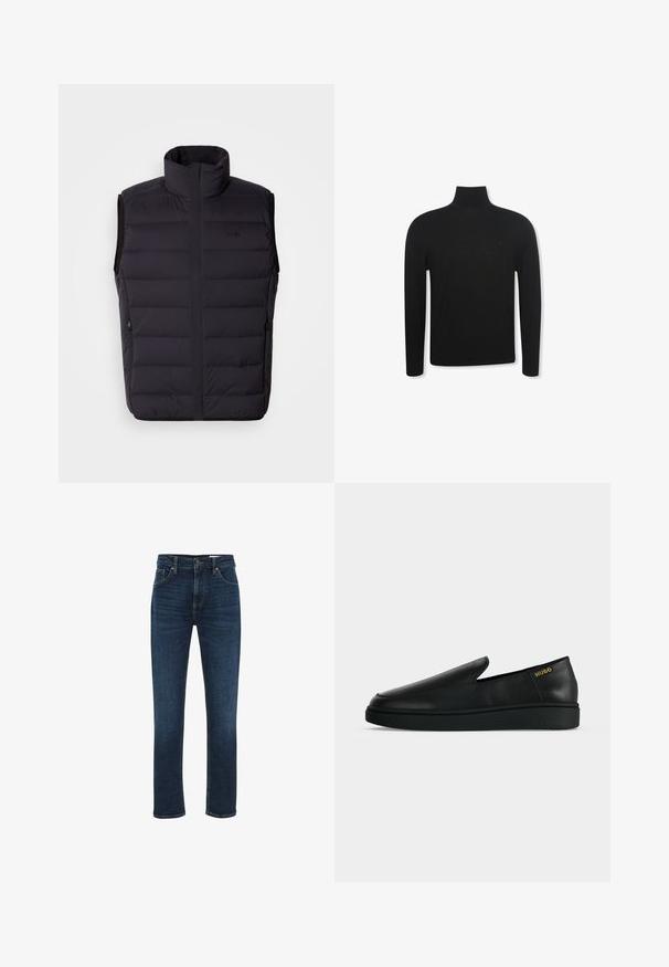 Zwart puffervest met hoge kraag, ritszakken en subtiele branding. Heeft een doorgestikt ontwerp en een gladde, lichte textuur.; Zwarte coltrui met lange mouwen, een slanke pasvorm en een subtiel logo op de linkerborst, weergegeven op een witte achtergrond.; WE Fashion BLUE RIDGE - Straight leg jeans - dark blue; Enkele zwarte leren instapschoen met dikke zool en goudkleurige "HUGO"-branding nabij de hiel op een effen lichtgrijze achtergrond.