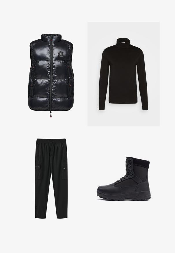 Sort puffer vest med høj krave, lynlås lukning og to sidelommer. Har en rund logo-patch på brystet. Glat, blank overflade.; Sort turtleneck langærmet skjorte lavet af et glat stof med en tætsiddende design og en høj, tætsiddende krave. Ingen mønstre eller accenter synlige.; Sorte cargobukser med elastisk talje, snøre, to lynlåslommer i siden og to lynlåslommer med klap på lårene.; Sort taktisk støvle med en glat læderoverdel og stofpaneler, høj ankeldesign, snørebånd foran og slidstærk gummisål.