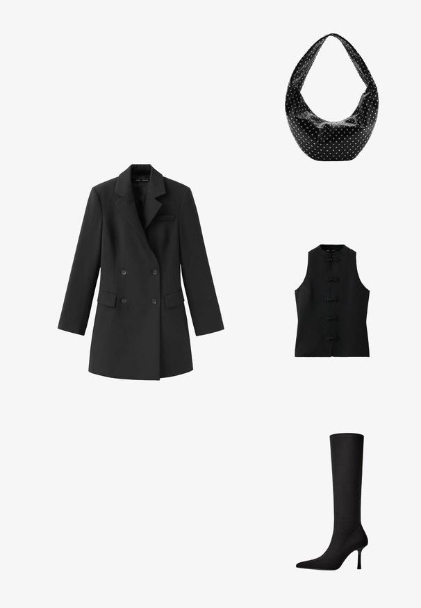 Gilet noir sans manches avec col mandarin et cinq fermetures décoratives avec boucles et nœuds sur le devant.; Blazer noir croisé avec revers crantés, deux poches avant à rabat, une poche poitrine et manches longues.; Botte noire montante en tissu lisse avec un bout pointu et un talon aiguille fin. Présente des coutures minimales et un design épuré.; Sac à main en cuir noir à la forme souple, orné de clous en argent et doté d'une large bandoulière. Texture lisse avec un design froncé.